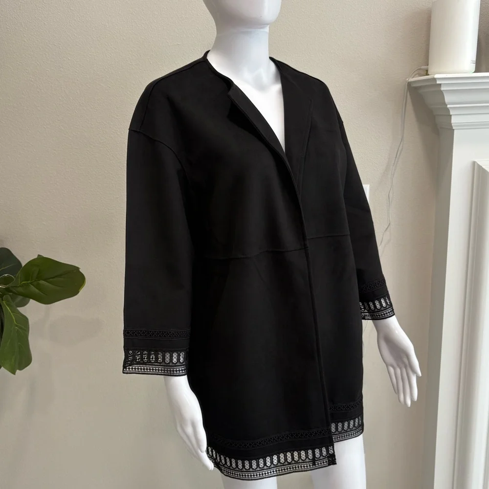 NWT Zara Black Faux Suede Oversized Open Jacket Womens Size XS Crochet Lace Trim